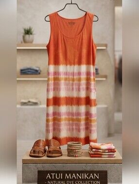 *Sleeveless Orange Tie-Dye Midi Dress — Casual Summer Staple Pit 25 Length 39"